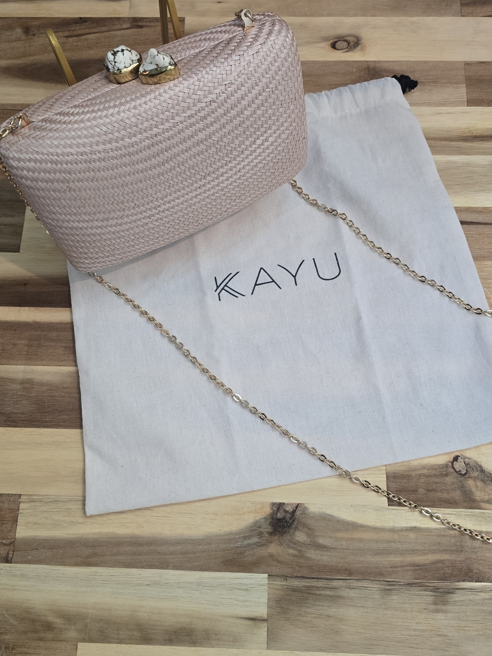 KAYU Jen Clutch With White Stone. Toast Color Woven Clutch with Gold Chain